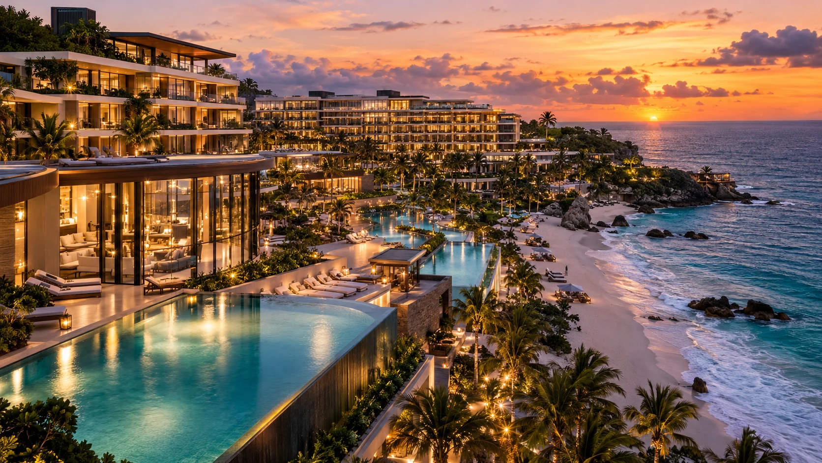 Gran resort hotelero de lujo en playa tropical al atardecer con climatización inteligente y gestión de energía WattSaver