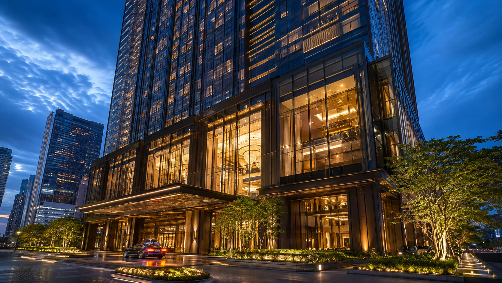 Hotel urbano y financiero de gran altura con arquitectura moderna y optimización energética WattSaver