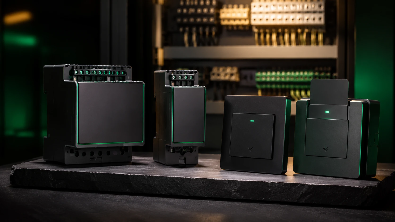 Bodegón de tres módulos de gestión energética y tarjeteros WattSaver sobre pedestal de pizarra con tablero eléctrico de fondo.