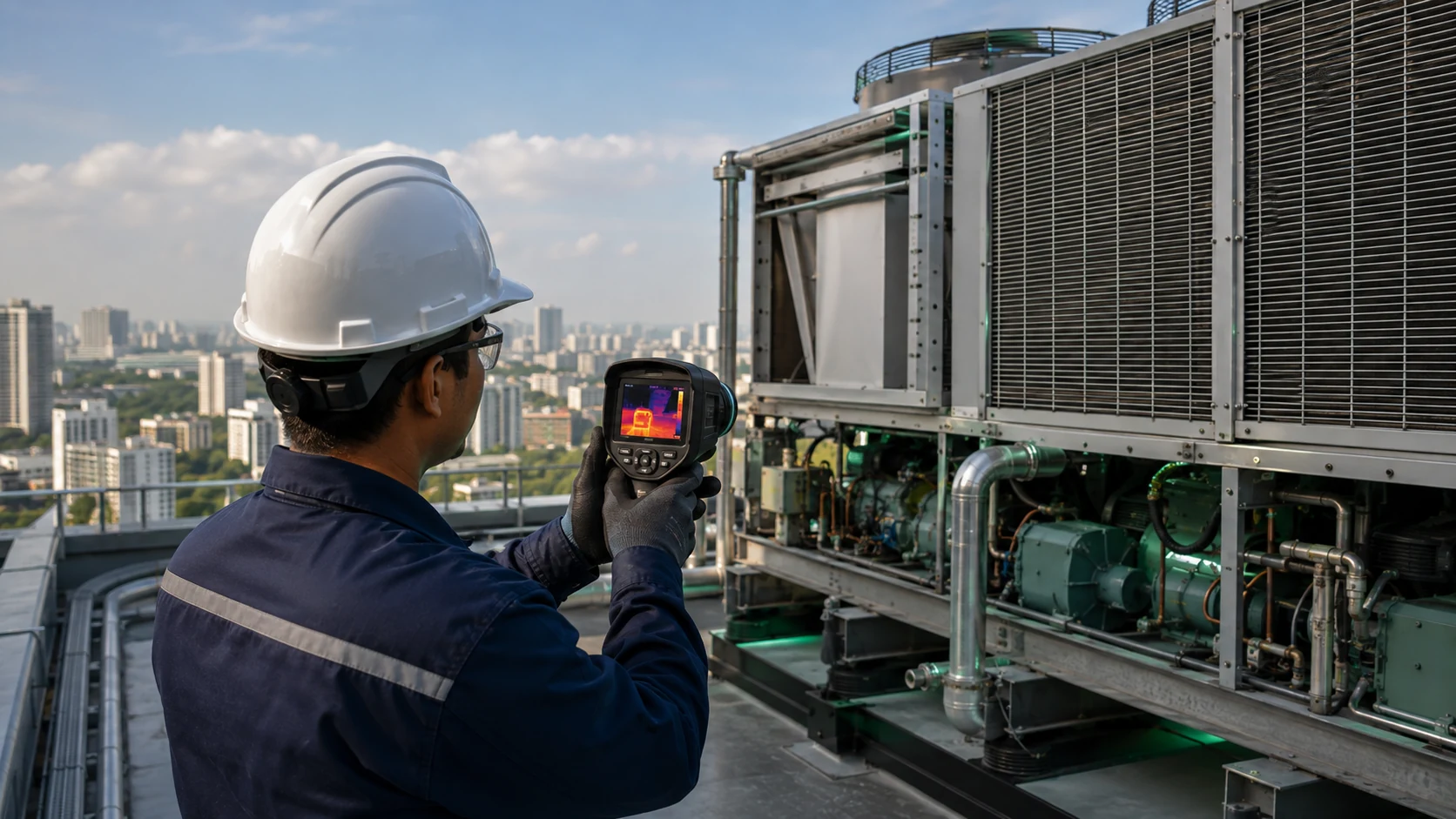 Ingeniero eléctrico con cámara termográfica digital inspeccionando compresores Chiller en azotea de edificio comercial.