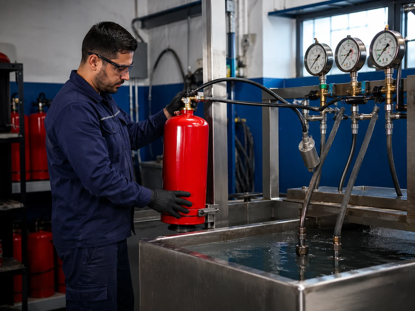 Técnico especialista realizando prueba hidrostática y mantenimiento de extintor con manómetros en taller certificado.