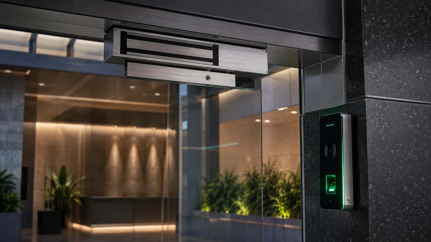 Cerradura magnética de 600 lbs instalada en marco superior de puerta de vidrio con lector biométrico RFID en pared.