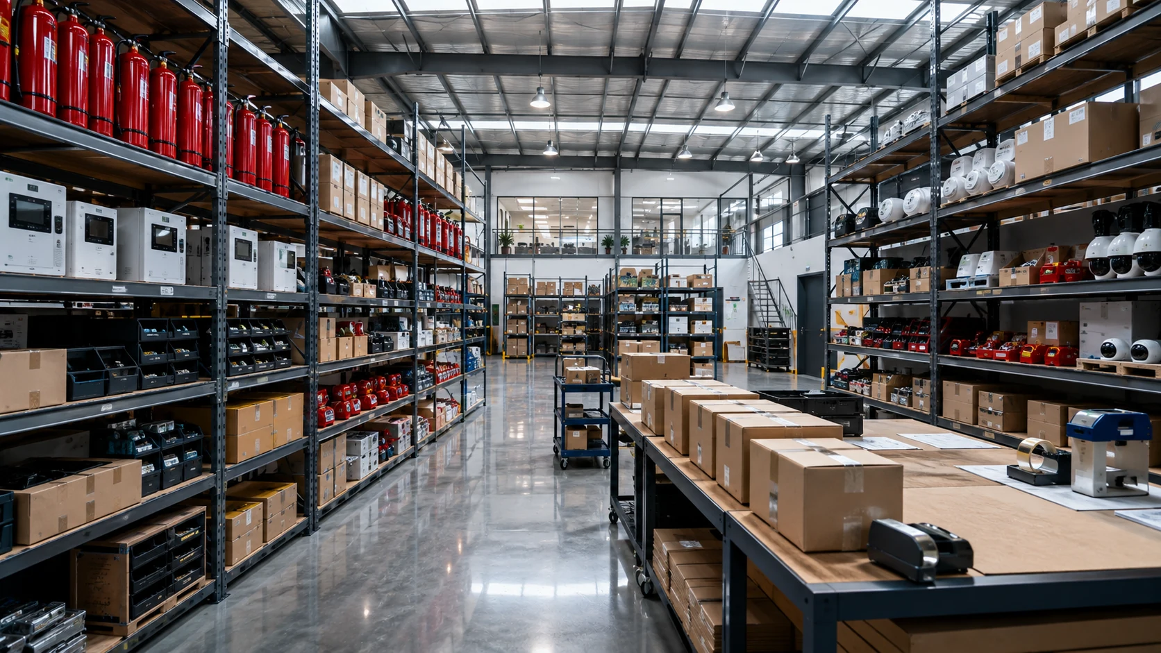 Almacén industrial iluminado con estanterías metálicas de equipos de seguridad y mesa de embalaje con paquetes listos.