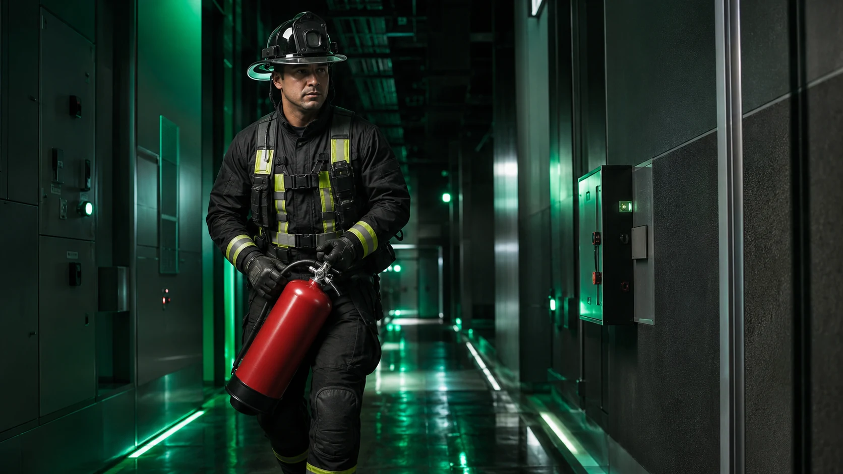 Brigadista táctico de emergencia industrial en pasillo de instalaciones con equipo de protección integral