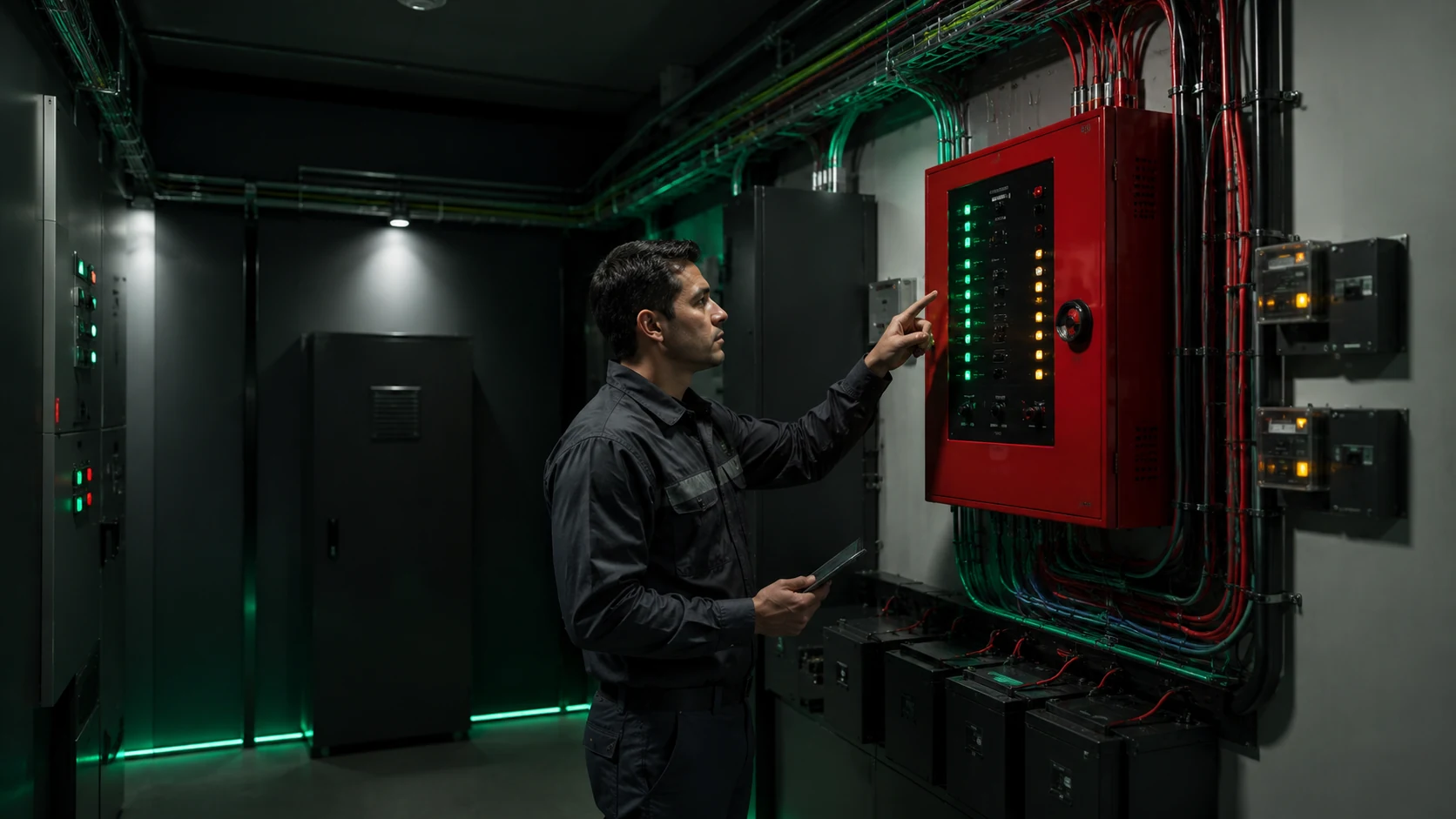 Cuarto técnico con central de incendio inteligente SOVICA con indicadores LED y cableado normado